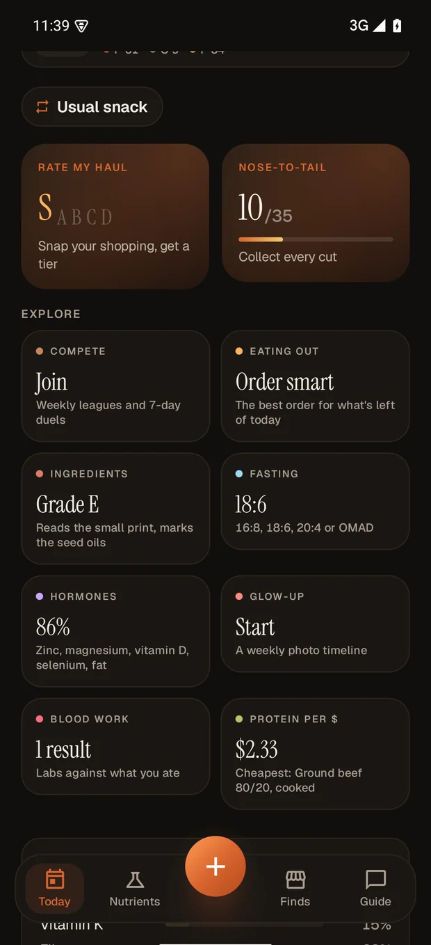 The Explore grid in Bovvio: leagues, eating out, ingredient scanning, fasting, hormones and protein per pound