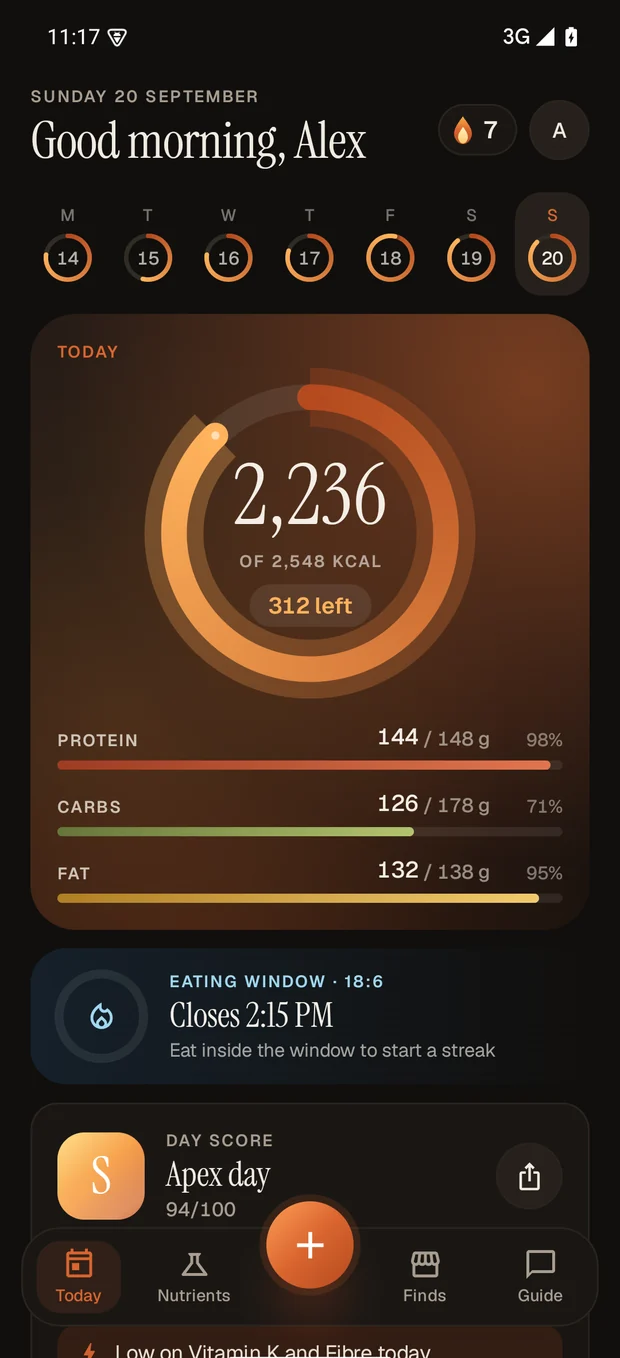 Bovvio's Today screen showing 2,236 of 2,548 kcal with protein, carbs and fat against target